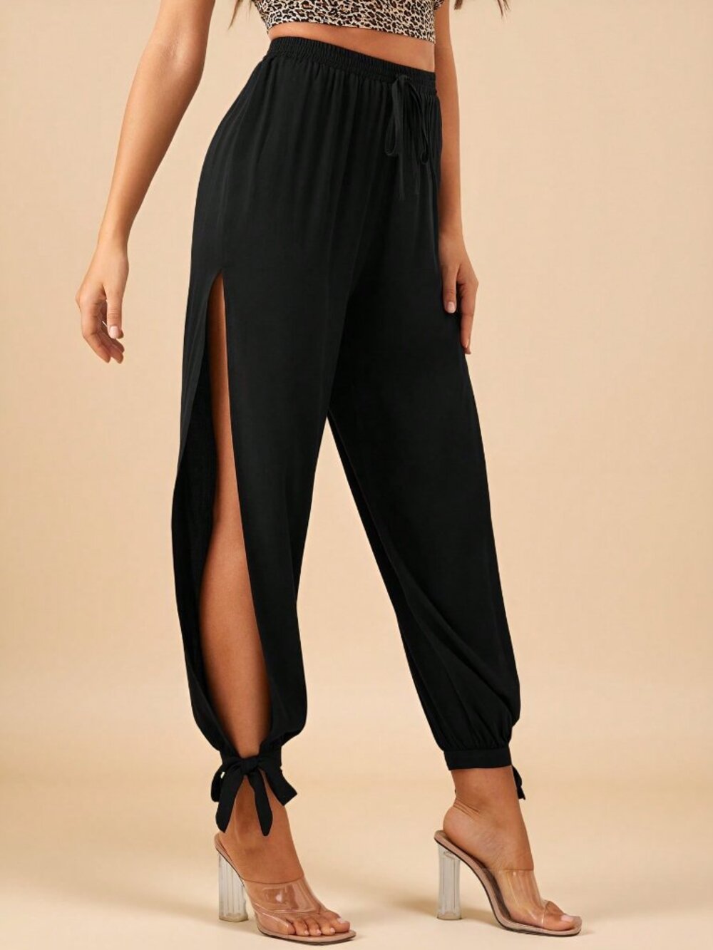 Black Sexy Women's Split-Thigh Knot-Hem Detail Pants - Picture 4 of 4